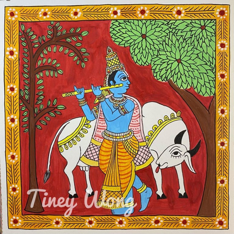 Cheriyal painting of Krishna and cow