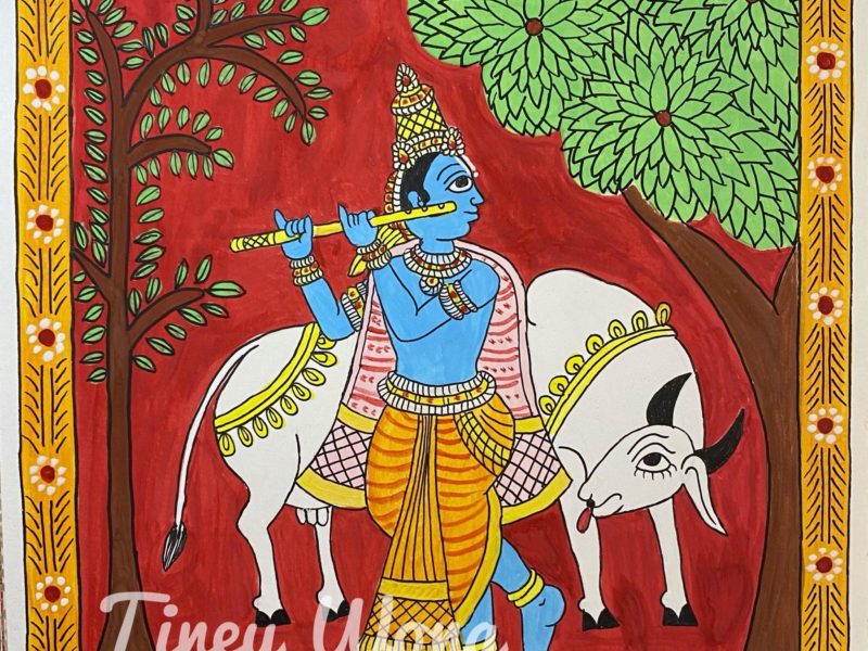 Cheriyal painting of Krishna and cow